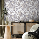 Vintage Floral Wallpaper with Hummingbirds and Peonies in Purple - A627