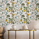 Vintage Botanical Wallpaper with Lemons and Hummingbirds in Blue, Yellow, and Green - A630