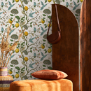 Vintage Botanical Wallpaper with Lemons and Hummingbirds in Blue, Yellow, and Green - A630
