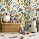 Vintage Botanical Wallpaper with Lemons and Hummingbirds in Blue, Yellow, and Green - A630
