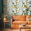 Vintage Botanical Wallpaper with Lemons and Hummingbirds in Blue, Yellow, and Green - A630
