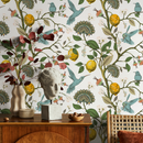 Vintage Botanical Wallpaper with Lemons and Hummingbirds in Blue, Yellow, and Green - A630