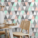 Geometric Wallpaper with a Scandinavian Triangle Pattern in Mint, Pink, and Gray - A647