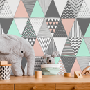 Geometric Wallpaper with a Scandinavian Triangle Pattern in Mint, Pink, and Gray - A647