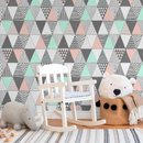 Geometric Wallpaper with a Scandinavian Triangle Pattern in Mint, Pink, and Gray - A647
