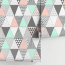 Geometric Wallpaper with a Scandinavian Triangle Pattern in Mint, Pink, and Gray - A647