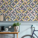 Geometric Wallpaper with a Tiled Petal Motif in Blue, Yellow, and Pink - A731