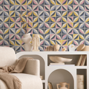 Geometric Wallpaper with a Tiled Petal Motif in Blue, Yellow, and Pink - A731