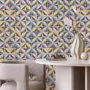 Geometric Wallpaper with a Tiled Petal Motif in Blue, Yellow, and Pink - A731