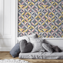 Geometric Wallpaper with a Tiled Petal Motif in Blue, Yellow, and Pink - A731