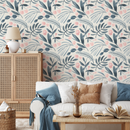 Scandinavian Wallpaper with Painted Leaves and Flowers in Blue and Pink - A748