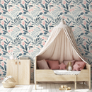 Scandinavian Wallpaper with Painted Leaves and Flowers in Blue and Pink - A748