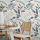 Scandinavian Wallpaper with Painted Leaves and Flowers in Blue and Pink - A748