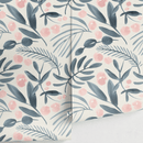 Scandinavian Wallpaper with Painted Leaves and Flowers in Blue and Pink - A748