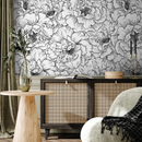 Floral Wallpaper with Hand-Drawn Peonies in Black and White - A788