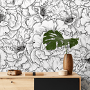 Floral Wallpaper with Hand-Drawn Peonies in Black and White - A788