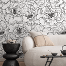Floral Wallpaper with Hand-Drawn Peonies in Black and White - A788
