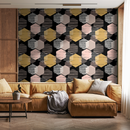 Geometric Wallpaper with Textured Hexagons in Black, Pink, and Gold - A855