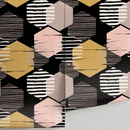 Geometric Wallpaper with Textured Hexagons in Black, Pink, and Gold - A855