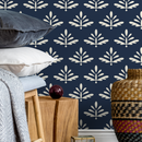Botanical Wallpaper With a Stylized Foliage Motif in Navy Blue and Cream - A874