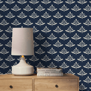 Botanical Wallpaper With a Stylized Foliage Motif in Navy Blue and Cream - A874