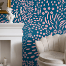 Abstract Wallpaper with Floral Shapes in Pink and Blue - A887