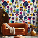 Floral Wallpaper with Bold Geometric Blooms in Dark Blue, Teal, and Yellow - A891