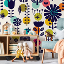 Floral Wallpaper with Bold Geometric Blooms in Dark Blue, Teal, and Yellow - A891