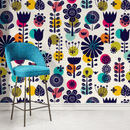 Floral Wallpaper with Bold Geometric Blooms in Dark Blue, Teal, and Yellow - A891