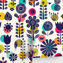 Floral Wallpaper with Bold Geometric Blooms in Dark Blue, Teal, and Yellow - A891