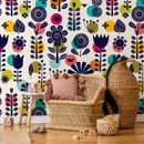 Floral Wallpaper with Bold Geometric Blooms in Dark Blue, Teal, and Yellow - A891