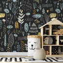 Nursery Wallpaper with a Nordic Woodland Motif in Black, Blue, and Yellow - A895