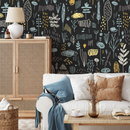 Nursery Wallpaper with a Nordic Woodland Motif in Black, Blue, and Yellow - A895