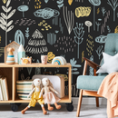 Nursery Wallpaper with a Nordic Woodland Motif in Black, Blue, and Yellow - A895