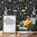 Nursery Wallpaper with a Nordic Woodland Motif in Black, Blue, and Yellow - A895