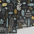 Nursery Wallpaper with a Nordic Woodland Motif in Black, Blue, and Yellow - A895
