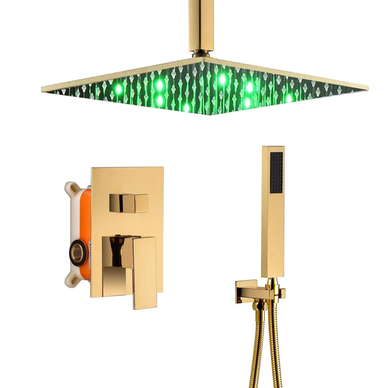 12 Inch or 16 Inch LED Color Changing Ceiling Mounted 2 Way Polished Gold Shower System - Includes Rough-in Valve Body and Trim