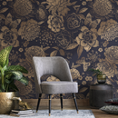 Floral Wallpaper with Vintage Peonies and Butterflies in Gold and Dark Blue - A922