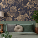 Floral Wallpaper with Vintage Peonies and Butterflies in Gold and Dark Blue - A922