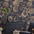 Floral Wallpaper with Vintage Peonies and Butterflies in Gold and Dark Blue - A922
