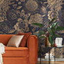 Floral Wallpaper with Vintage Peonies and Butterflies in Gold and Dark Blue - A922