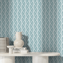 Art Deco Wallpaper with a Fanning Fronds Motif in Soft Teal and White - A928