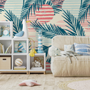 Tropical Wallpaper with Abstract Palm Leaves in Teal, Coral, and Blue - A960