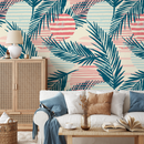 Tropical Wallpaper with Abstract Palm Leaves in Teal, Coral, and Blue - A960