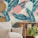 Tropical Wallpaper with Abstract Palm Leaves in Teal, Coral, and Blue - A960