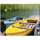 Welcome to Lake George Colorful Boats | Wall Art Print on Real Wood