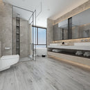 SPC Vinyl Rigid Core 7" Width 60" RL, 6mm Thick, 1.5mm IXPE Aced Lead Manifesto Floors - Mazzia Collection Product shoot Wash room view