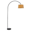 Modern Arching Floor Lamp in Matte Black with Taupe Burlap Fabric Drum Shade