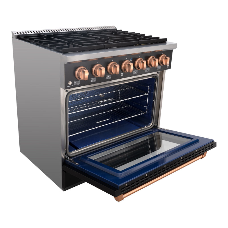 Akicon 36" Slide-in Freestanding Professional Style Gas Range with 5.2 Cu. Ft. Oven, 6 Burners, Convection Fan, Cast Iron Grates. Black & Copper