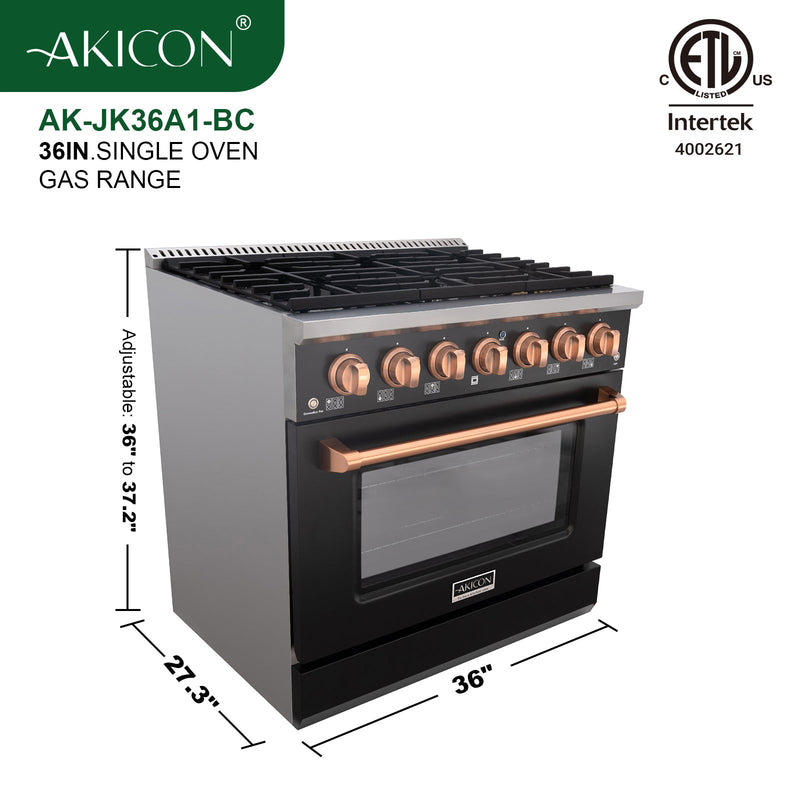 Akicon 36" Slide-in Freestanding Professional Style Gas Range with 5.2 Cu. Ft. Oven, 6 Burners, Convection Fan, Cast Iron Grates. Black & Copper